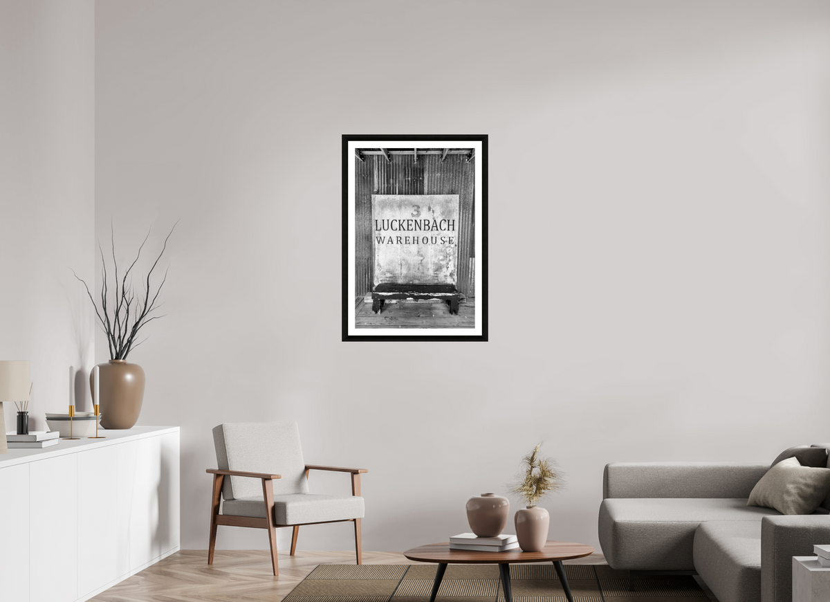 24 x 36″, B&W Print Luckenbach Warehouse